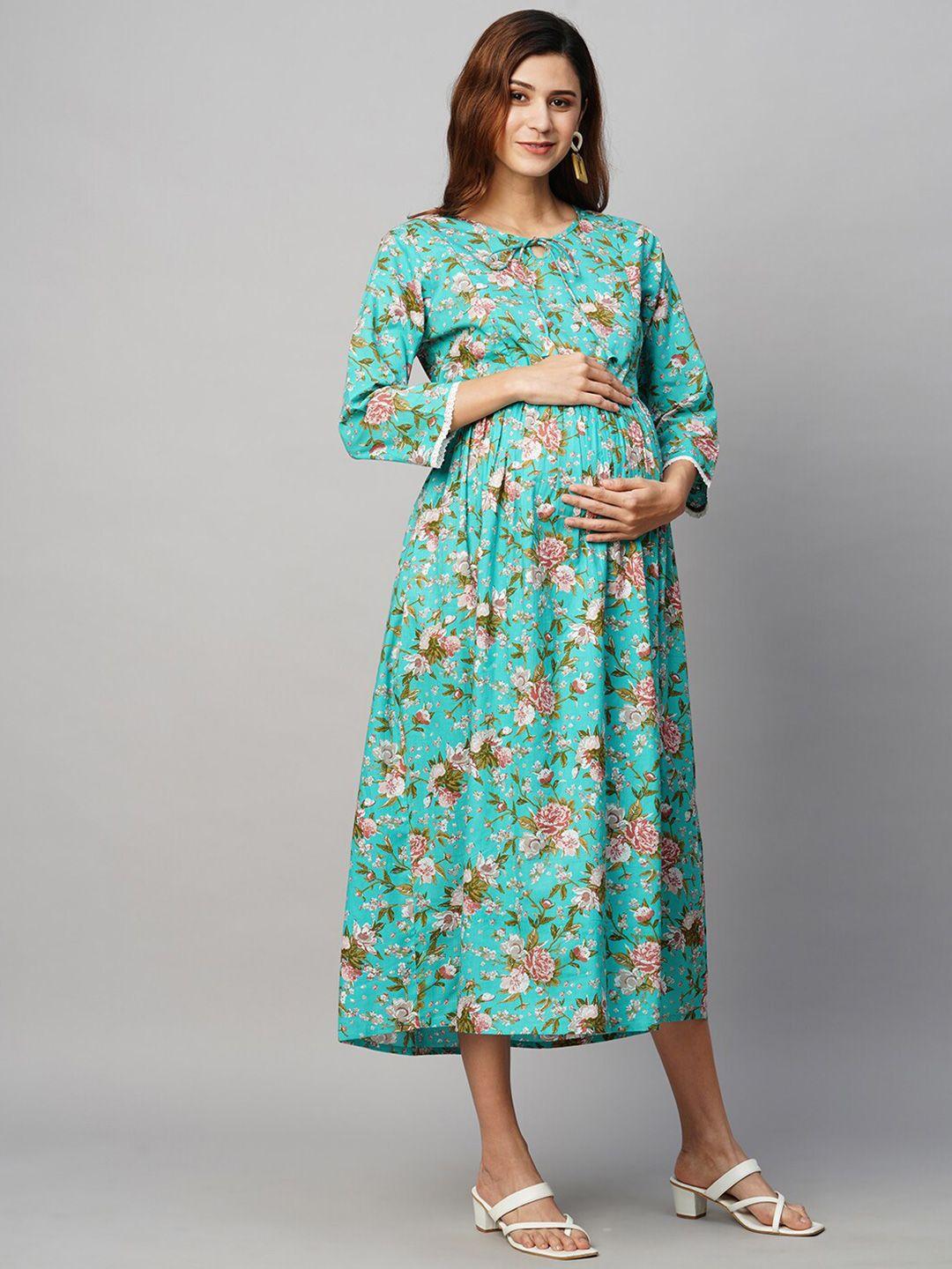 momtobe floral printed cotton maternity a-line midi sustainable dress