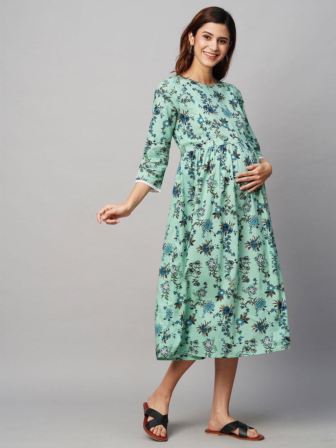 momtobe floral printed cotton maternity a-line midi sustainable dress