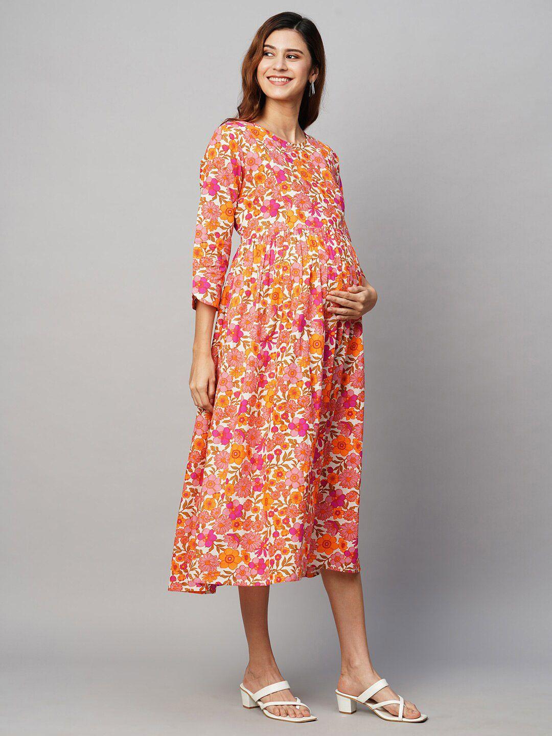 momtobe floral printed cotton maternity a-line midi sustainable dress