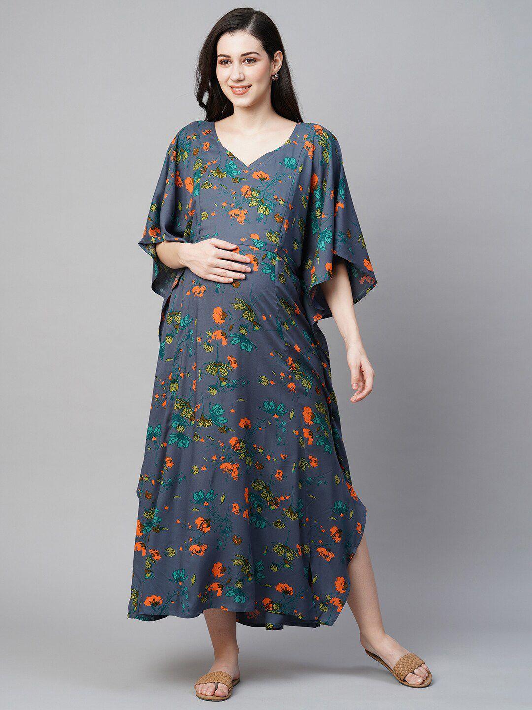 momtobe floral printed kimono sleeves maternity kaftan midi dress