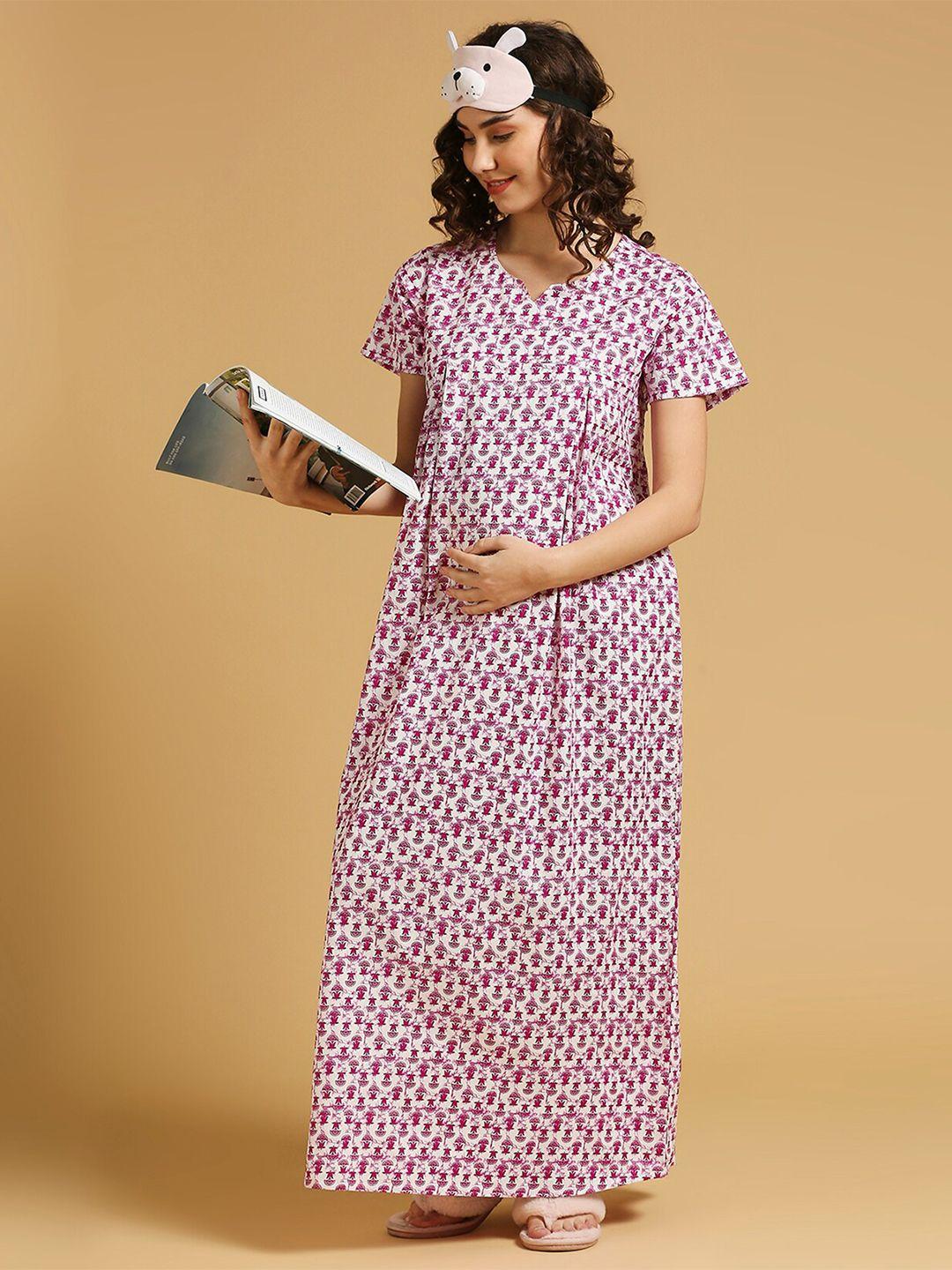 momtobe floral printed pure cotton feeding maternity maxi nightdress