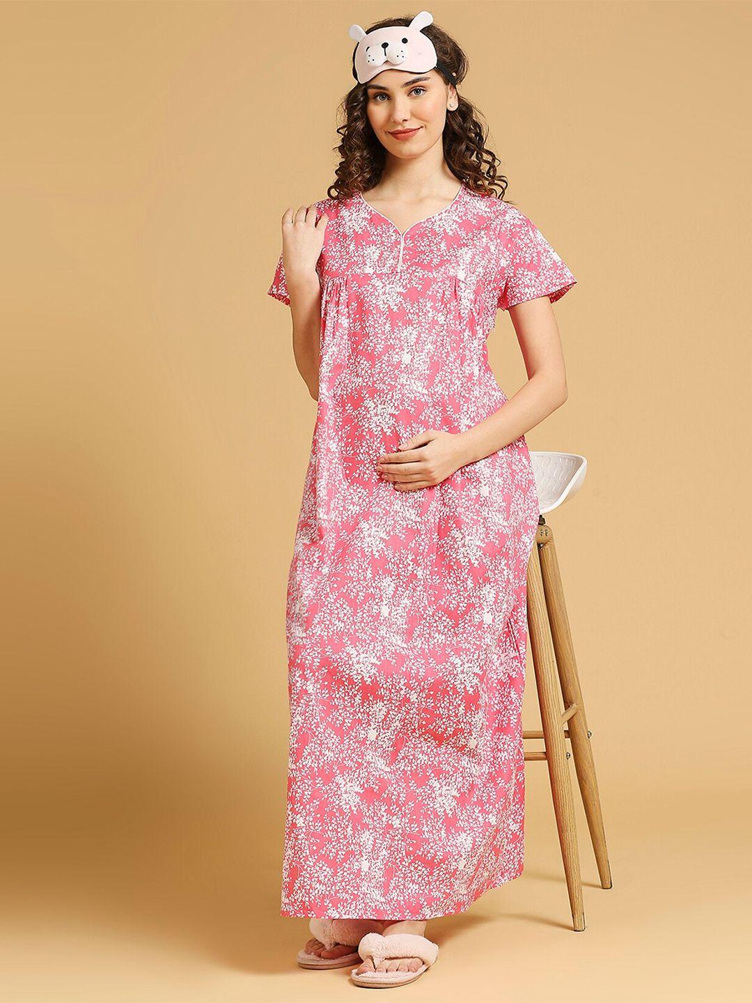 momtobe floral printed pure cotton feeding maternity maxi nightdress