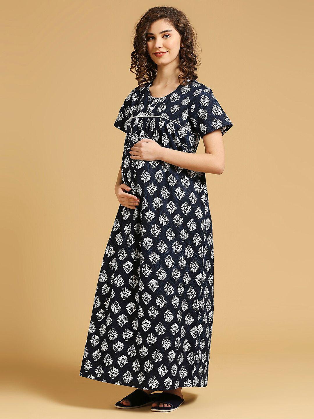 momtobe floral printed pure cotton feeding maternity maxi nightdress