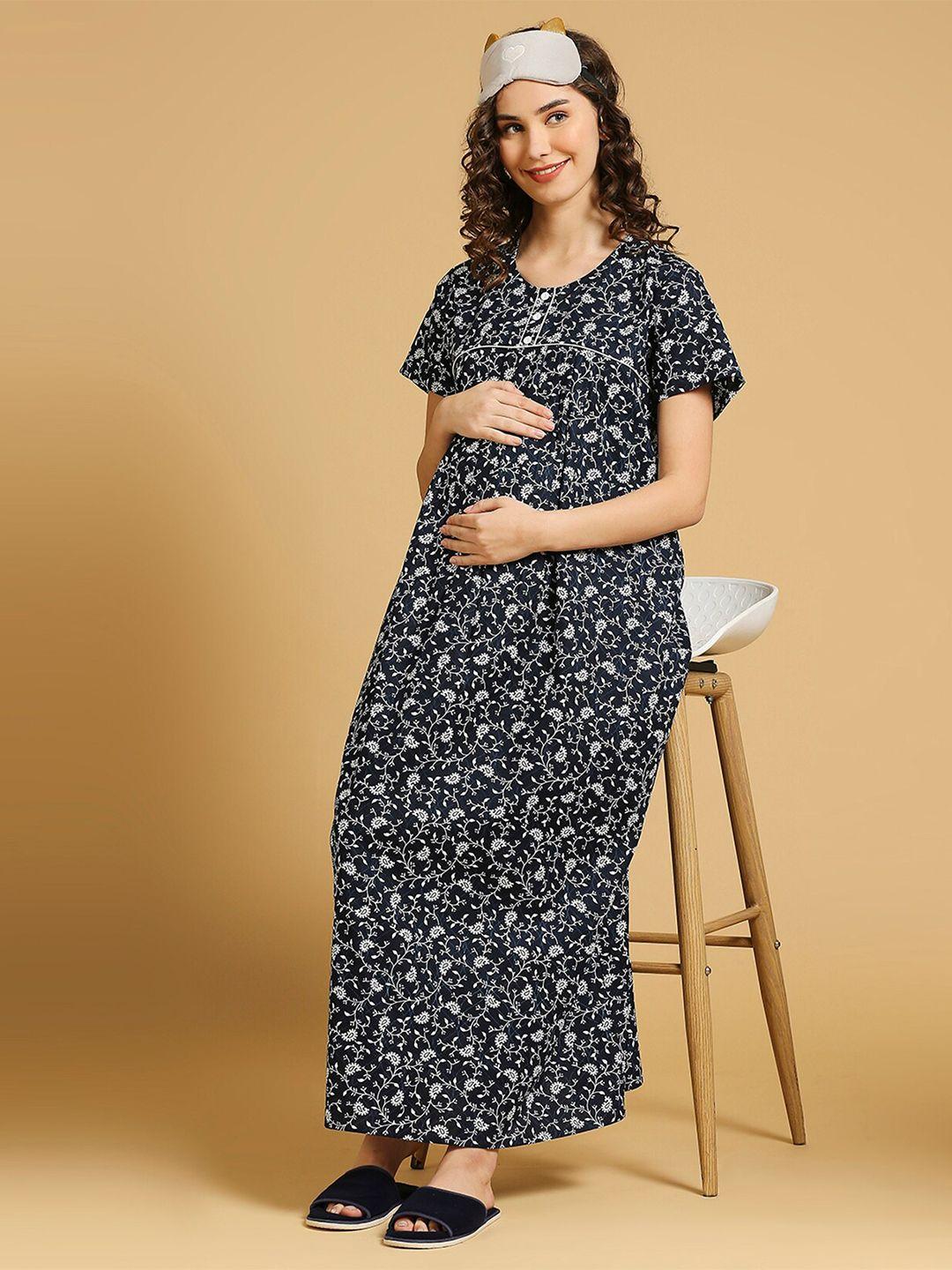 momtobe floral printed pure cotton feeding maternity maxi nightdress