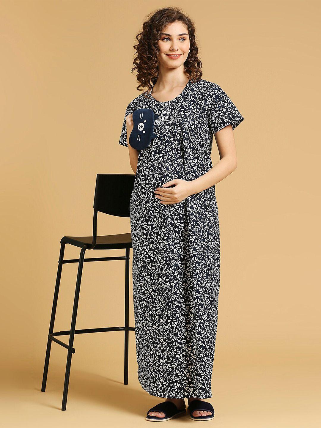 momtobe floral printed pure cotton feeding maternity maxi nightdress