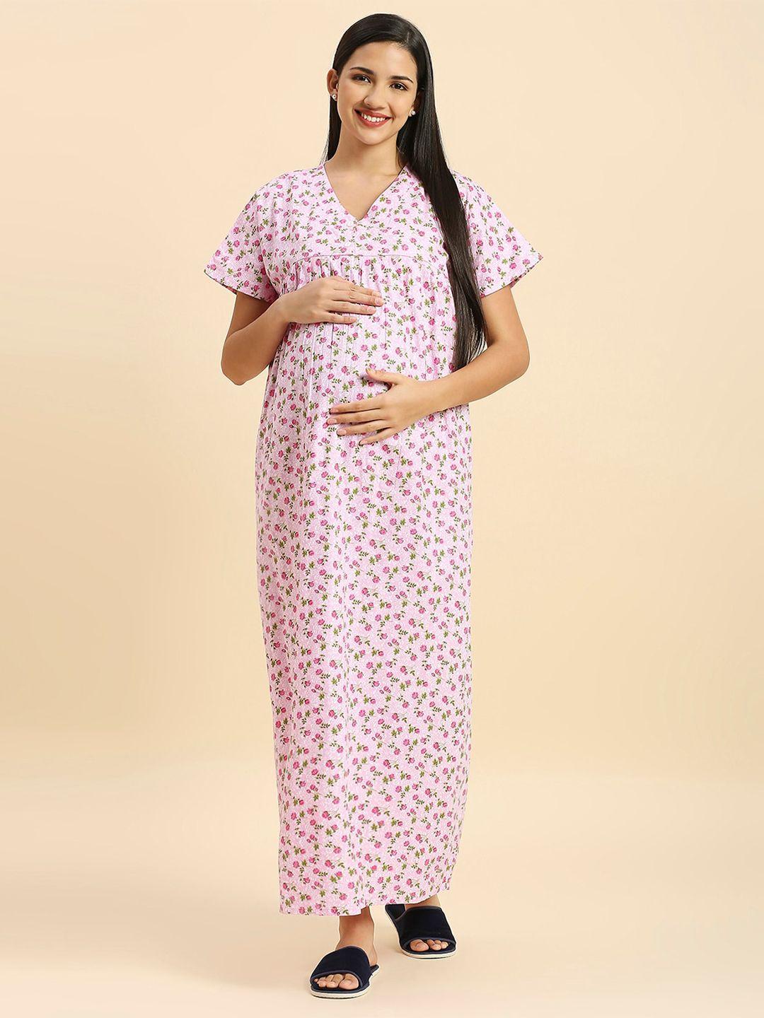 momtobe floral printed pure cotton maxi maternity nightdress