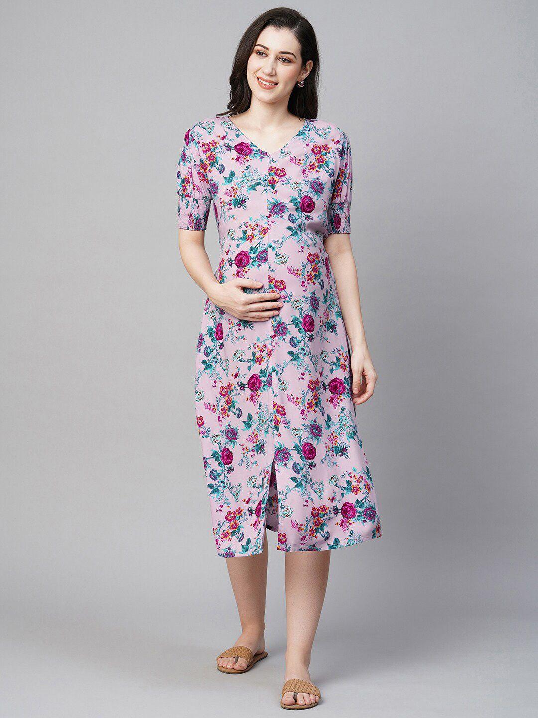 momtobe floral printed smocked maternity a-line midi dress