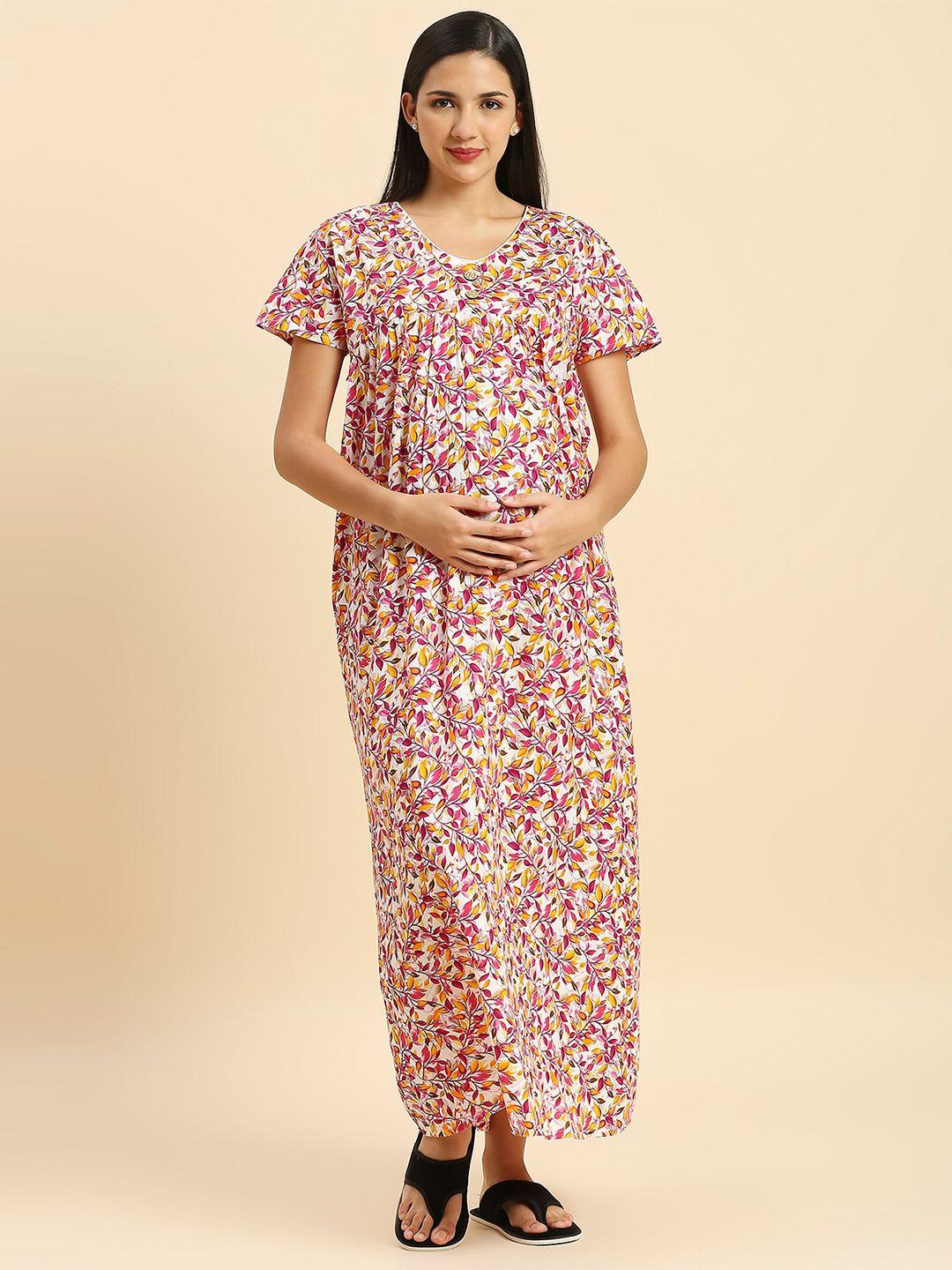 momtobe floral printed v-neck pure cotton maxi maternity nightdress