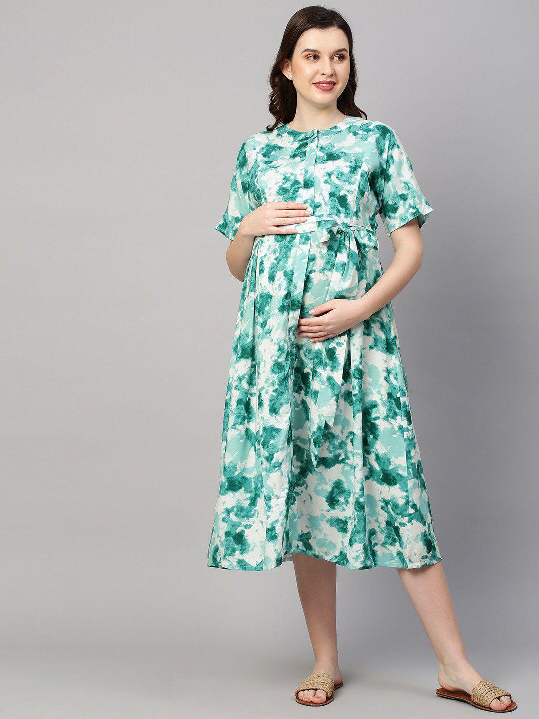 momtobe green & white tie and dye maternity nursing empire midi dress