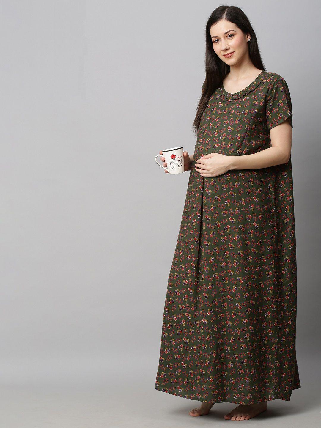 momtobe green printed maxi nursing nightdress