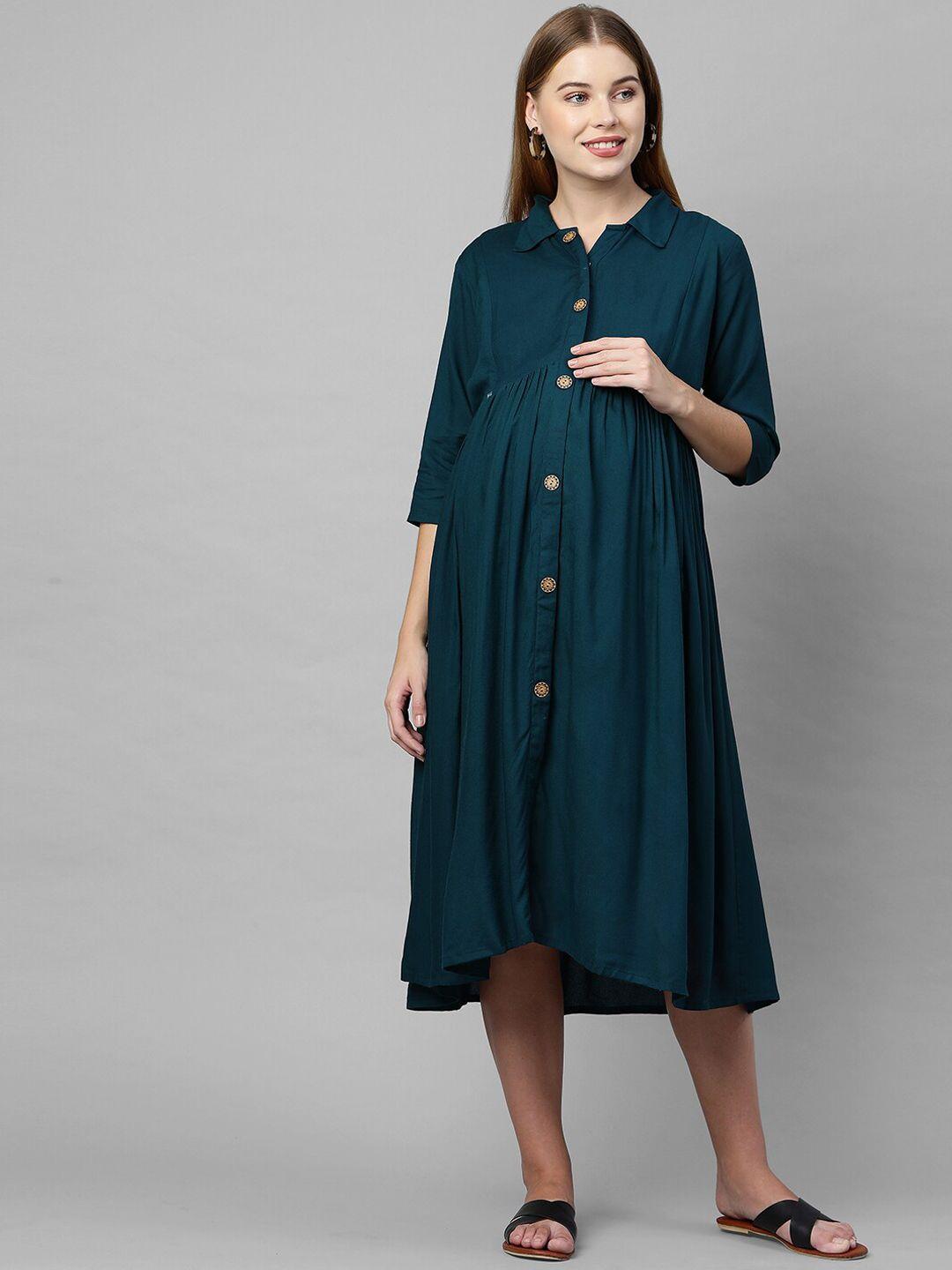 momtobe green solid maternity nursing shirt midi dress