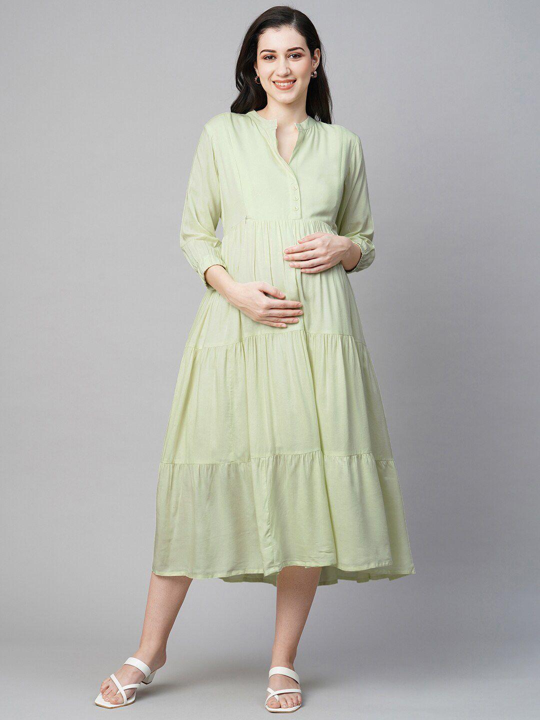 momtobe mandarin collar tiered maternity a-line midi dress