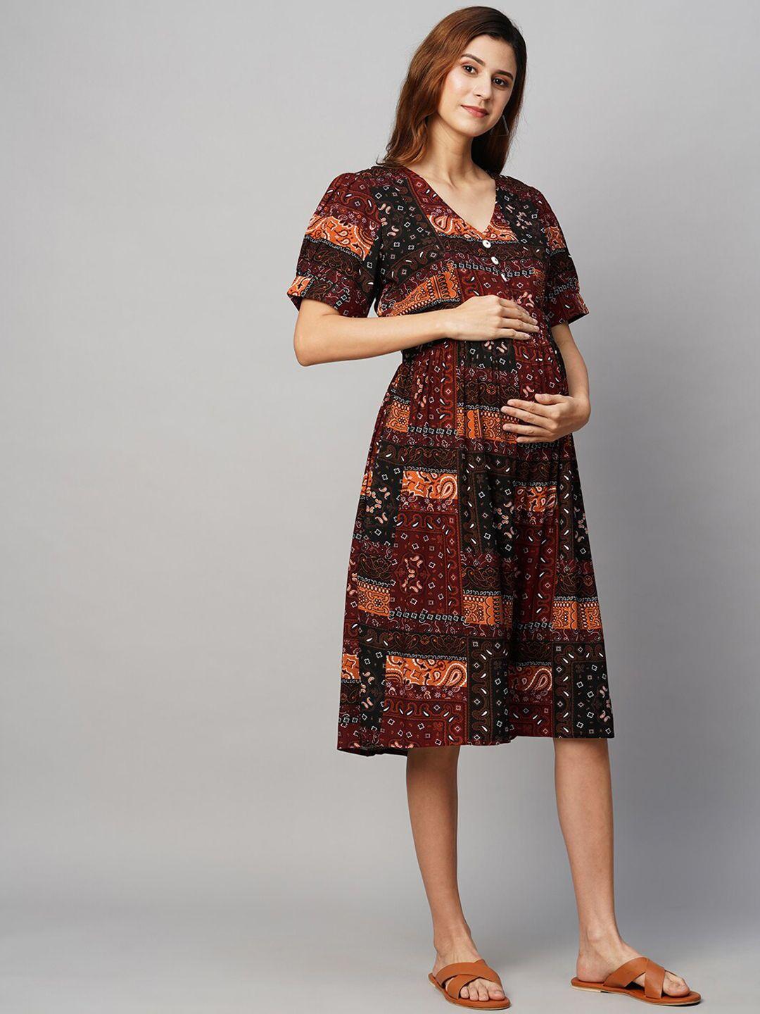 momtobe maroon print maternity fit & flare dress