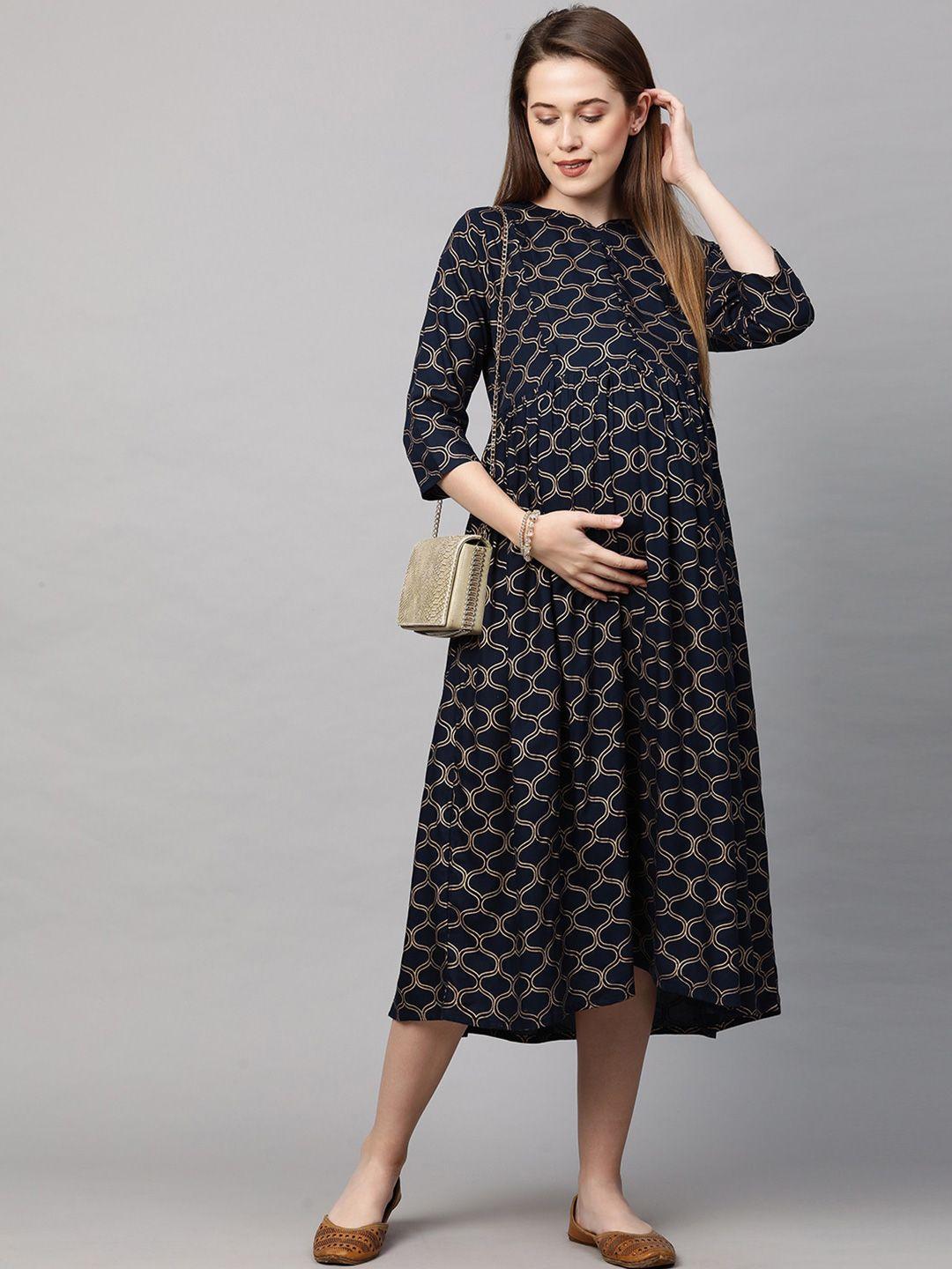 momtobe navy blue & gold-toned geometric printed maternity nursing a-line midi dress