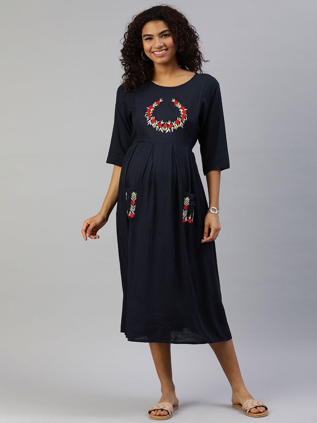 momtobe navy blue embroidered cotton a-line maternity nursing dress