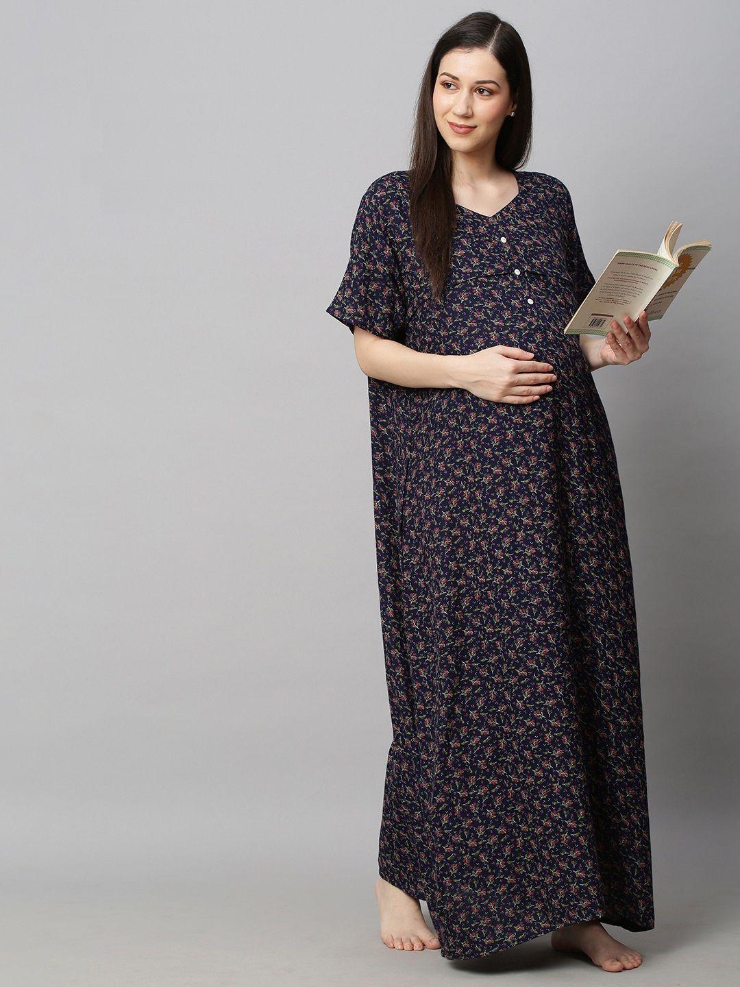 momtobe navy blue printed maxi maternity sustainable nightdress