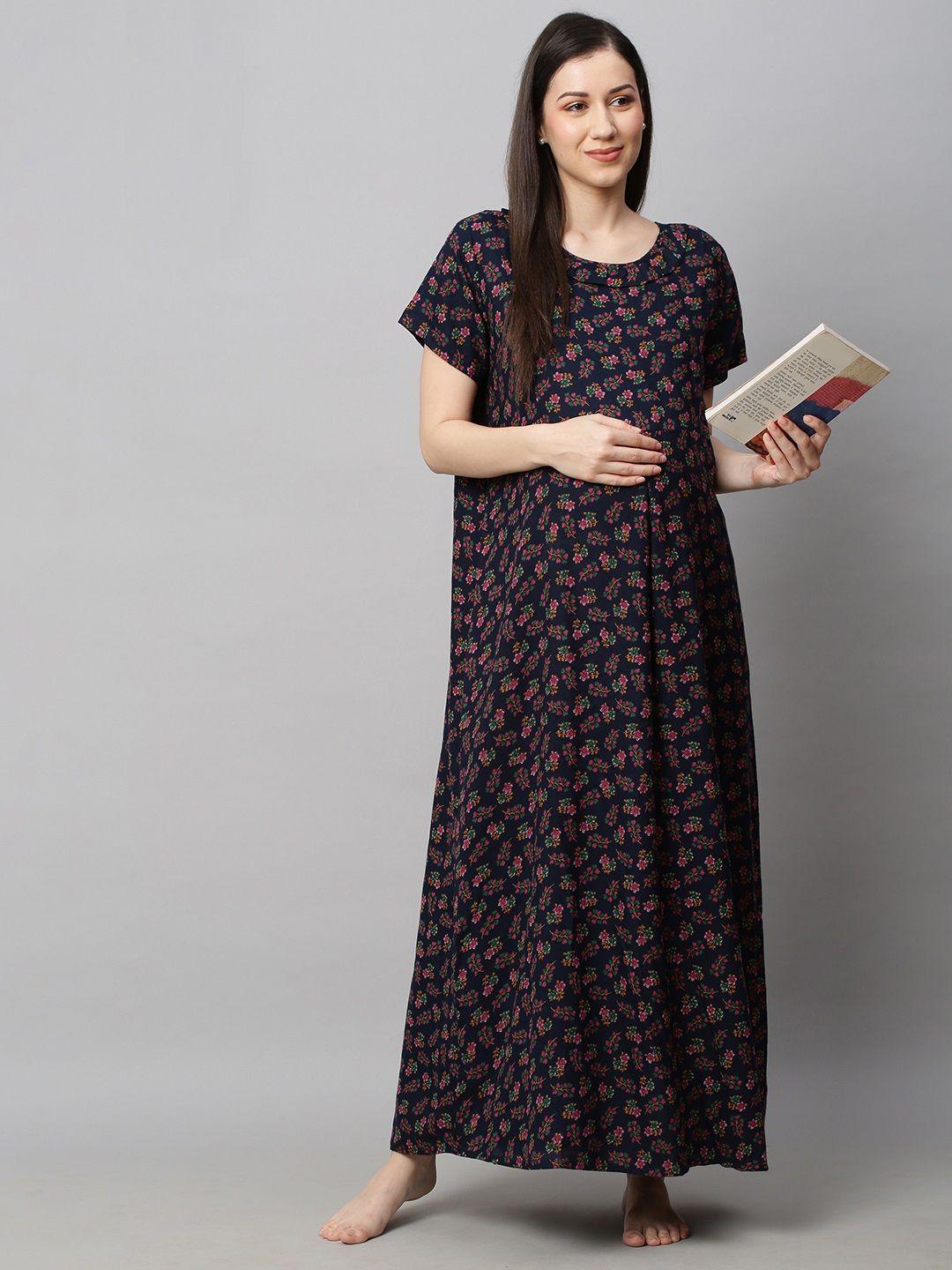 momtobe navy blue printed maxi nursing nightdress