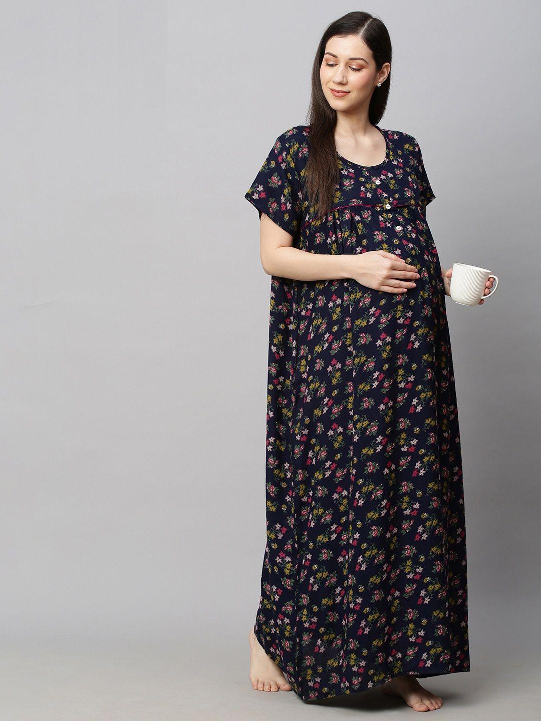 momtobe navy printed maxi sustainable nightdress