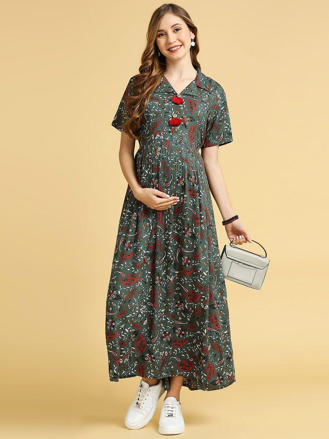 momtobe paisley printed lapel collar maternity a-line maxi dress