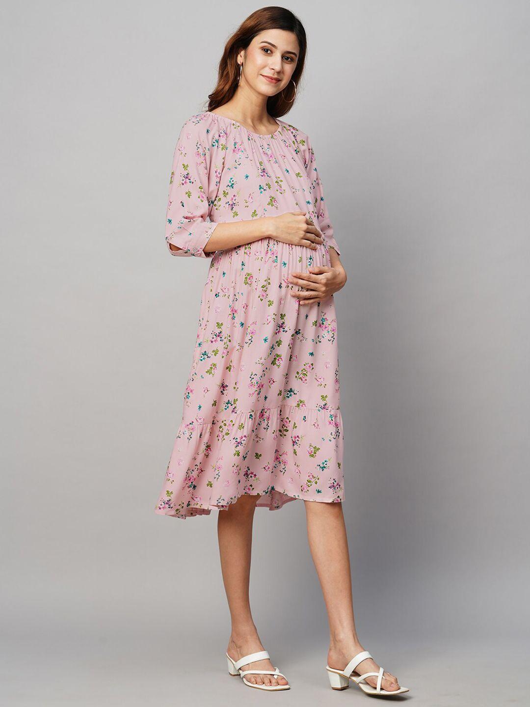 momtobe pink floral print maternity a-line midi dress