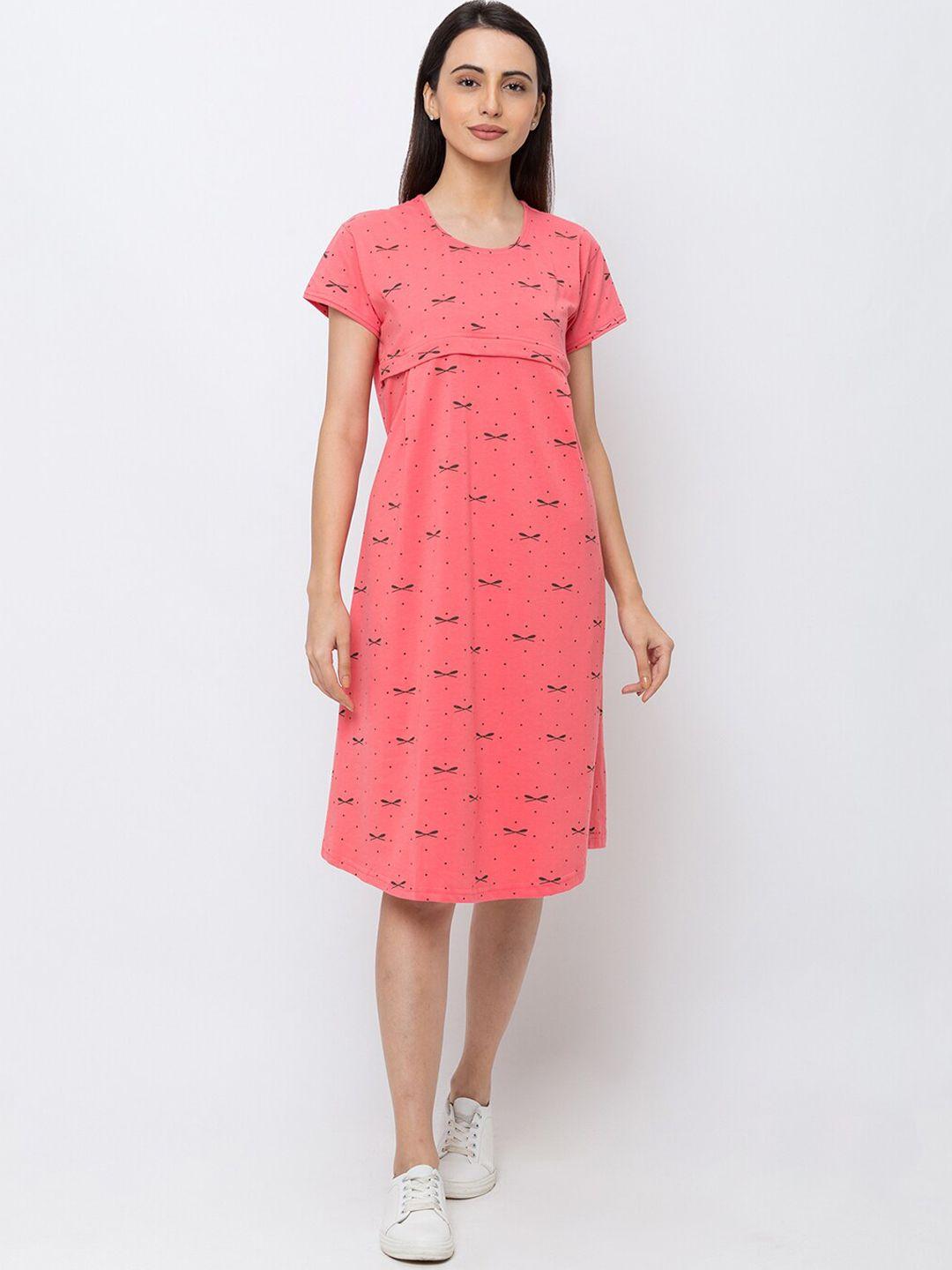 momtobe pink printed cotton maternity nursing nightdress