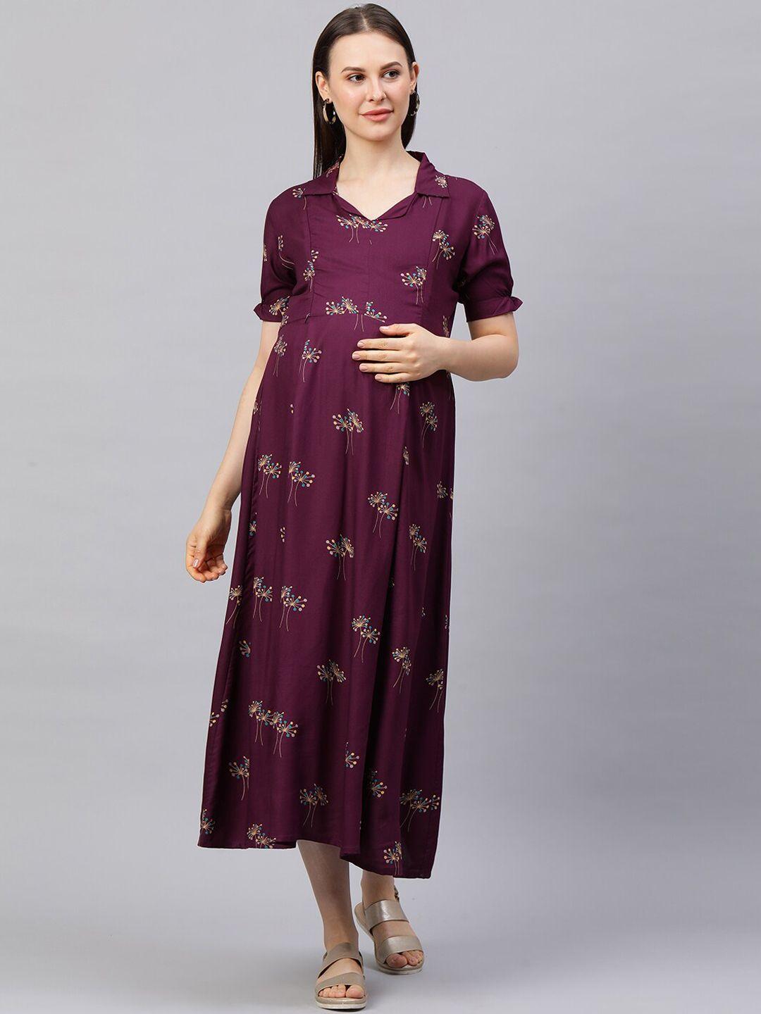 momtobe purple floral a-line midi maternity nursing dress