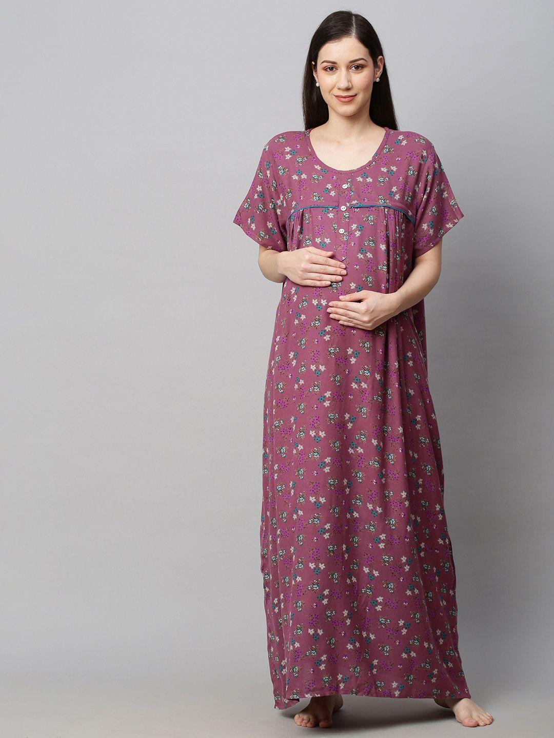 momtobe purple printed maxi sustainable maternity nightdress