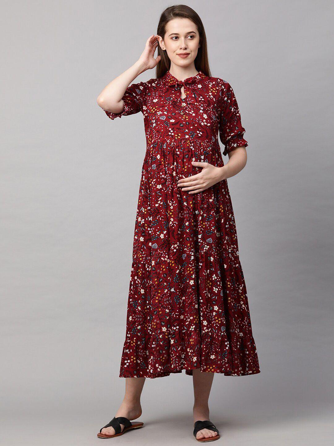 momtobe red & white floral tie-up neck maternity a-line midi nursing dress