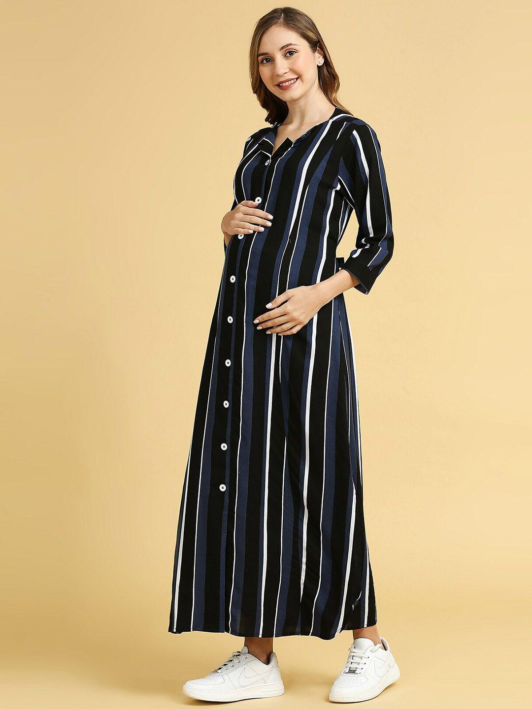 momtobe striped round neck maternity a-line maxi dress