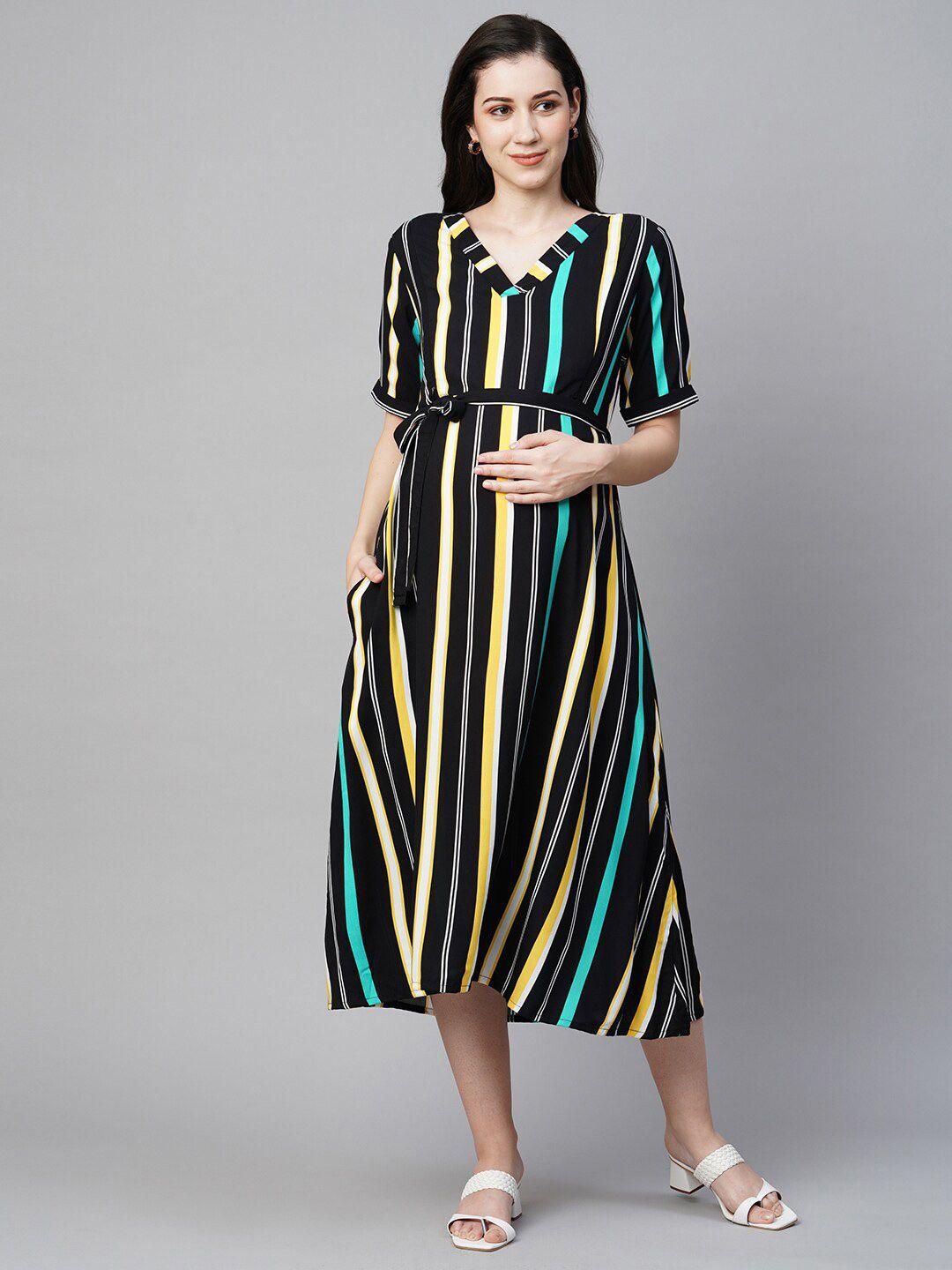 momtobe striped v-neck maternity midi a-line dress with belt