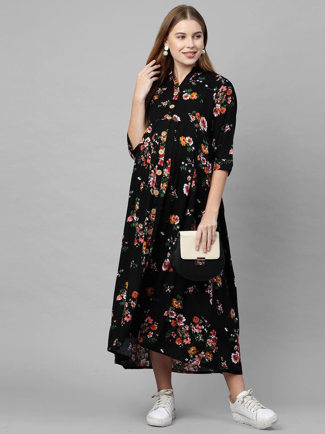 momtobe woman black floral nursing maxi dress