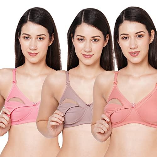 momtobe women's cotton multicolor full cup non padded feeding bra/nursing bra/maternity bra combo - pack of 3 (dark beige-flamingo pink-peach)