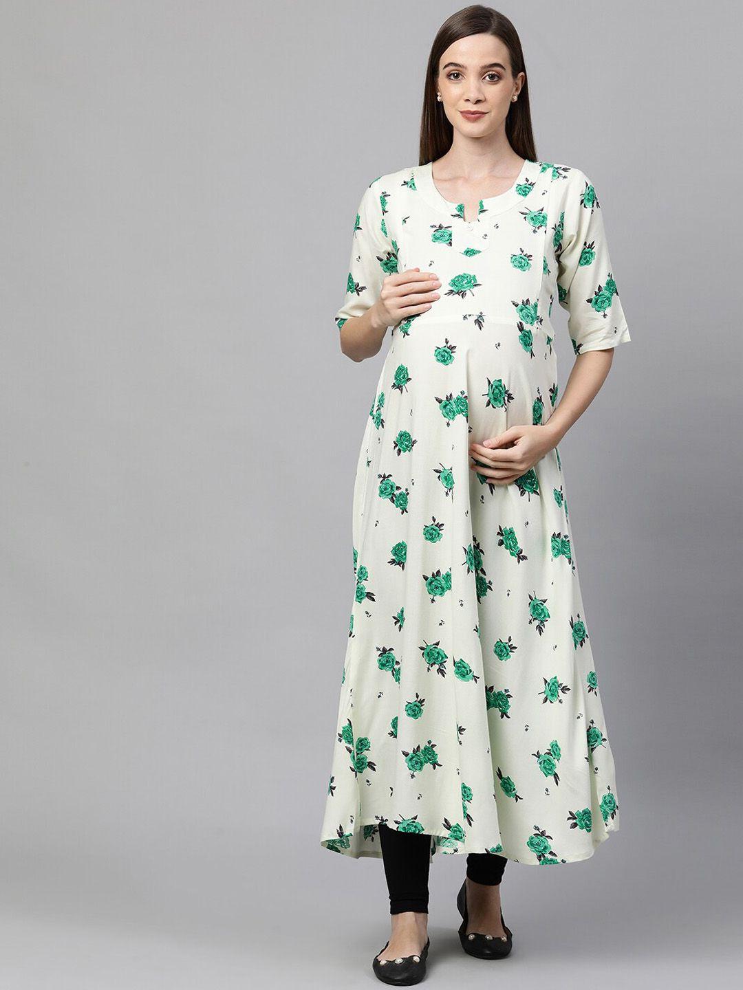 momtobe women beige & green floral printed floral maternity nursing anarkali kurta