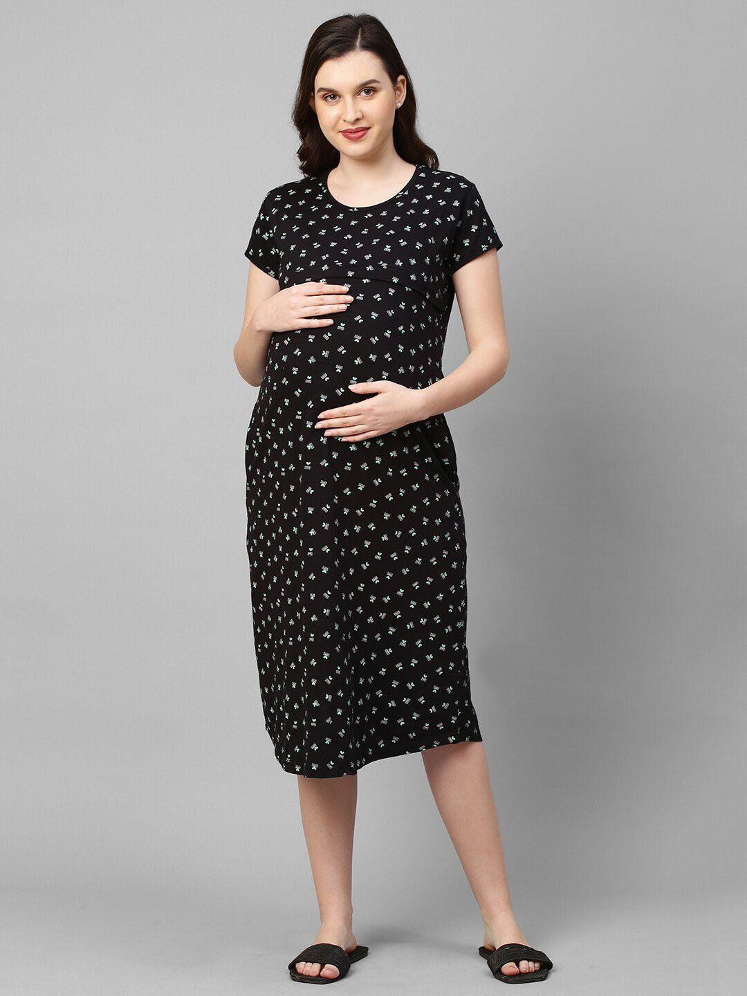 momtobe women black printed nursing nightdress