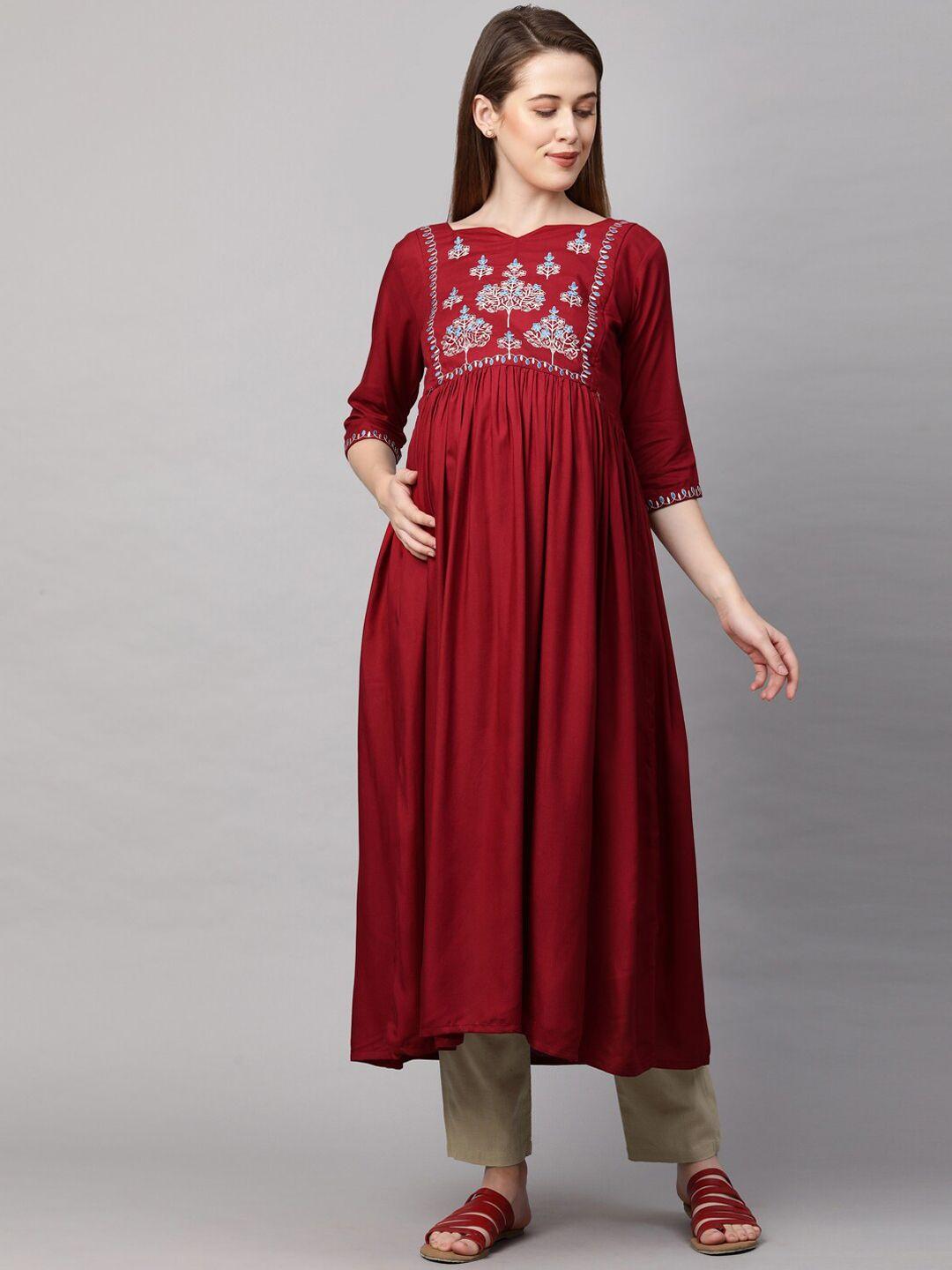 momtobe women maroon ethnic motifs yoke design thread work nursing anarkali kurta