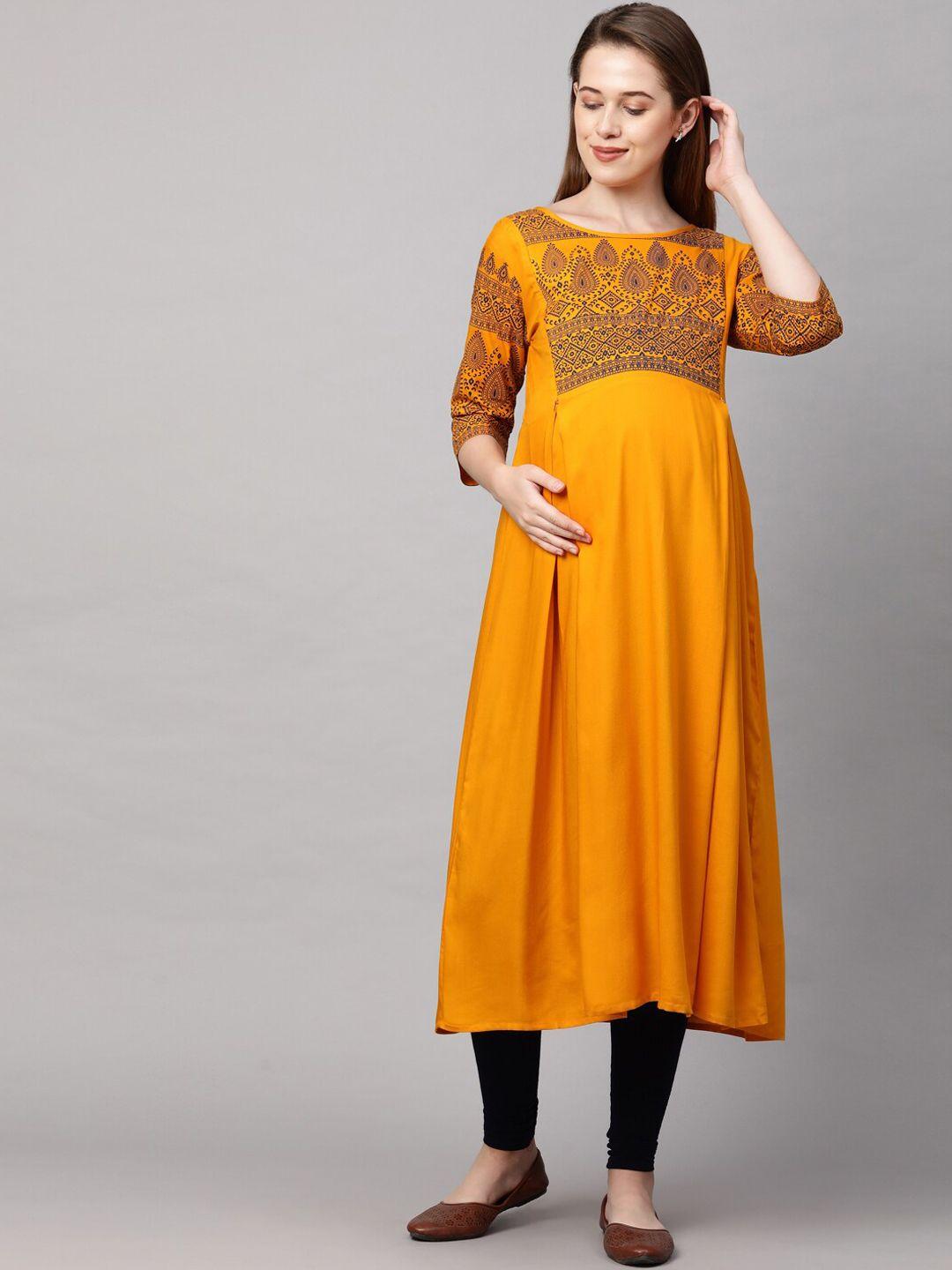 momtobe women mustard yellow ethnic motifs yoke design maternity nursing sustainable kurta