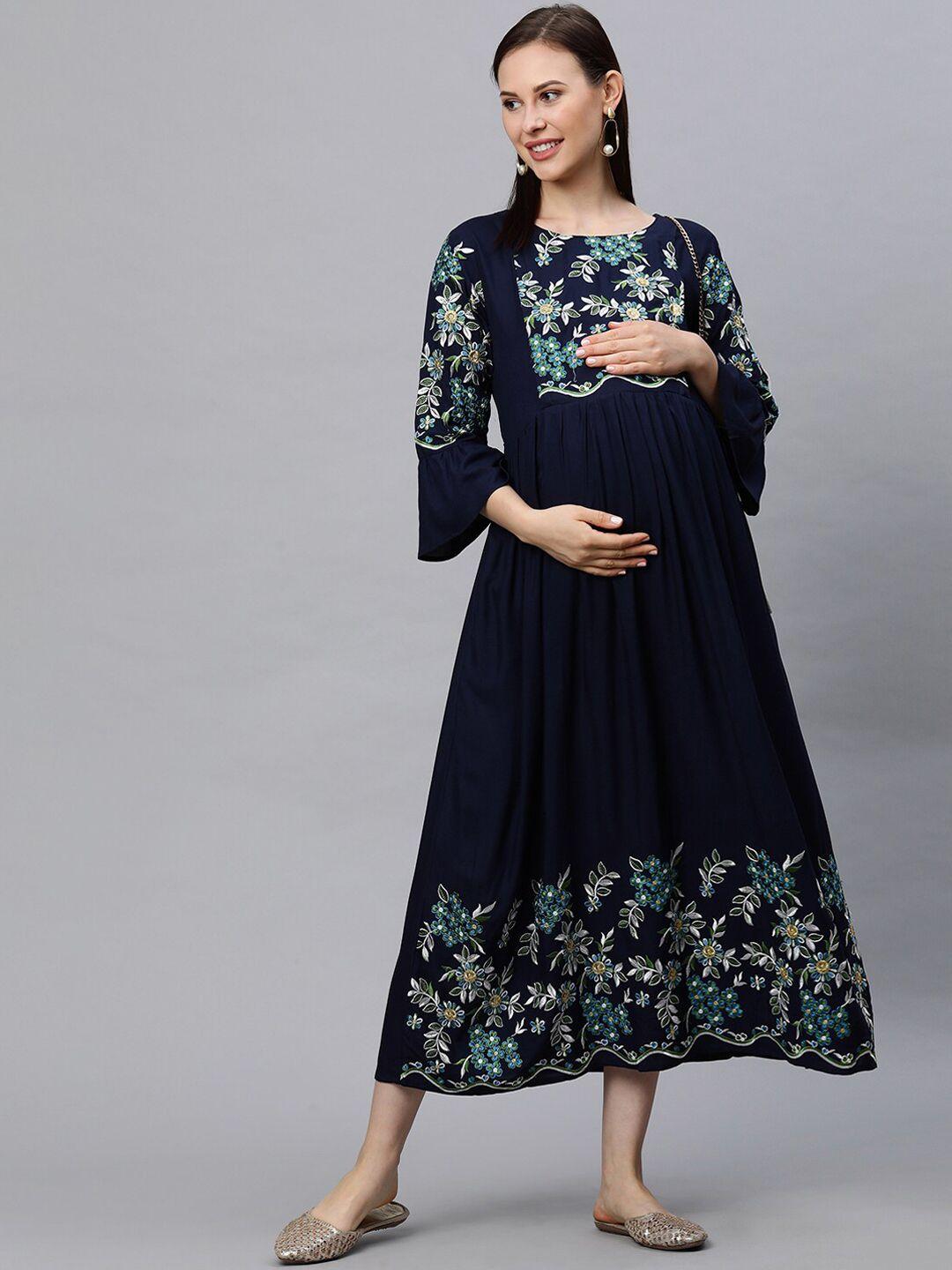 momtobe women navy blue embroidered maternity  feeding maxi nursing dress