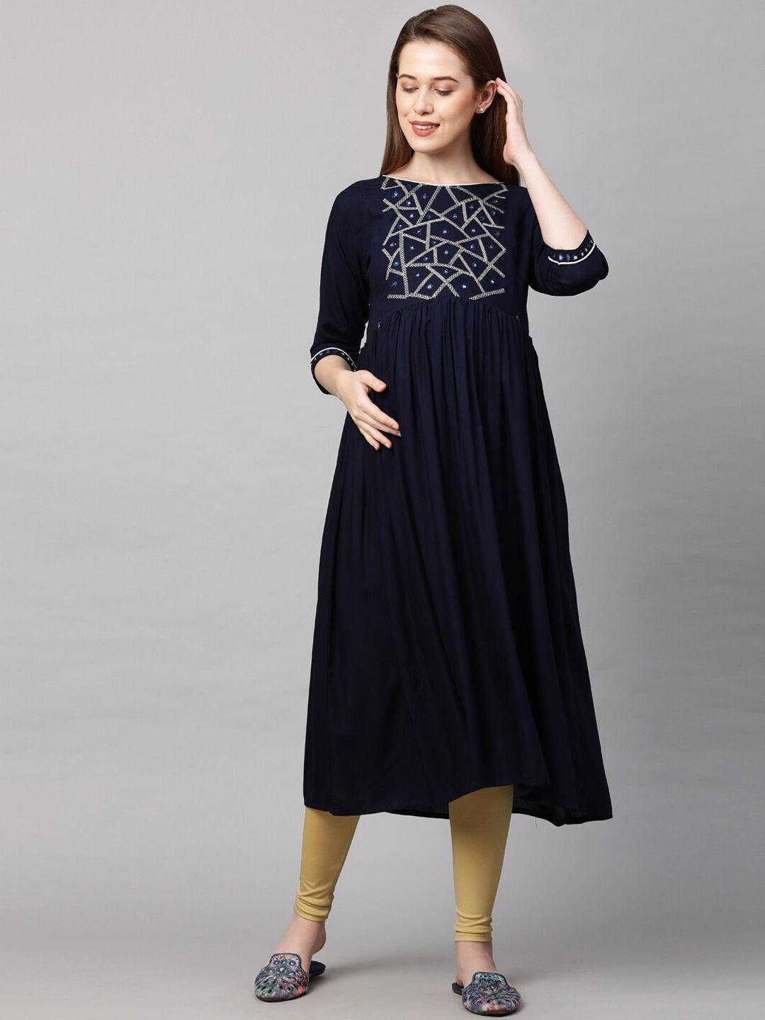 momtobe women navy blue yoke design mirror work maternity nursing anarkali kurta