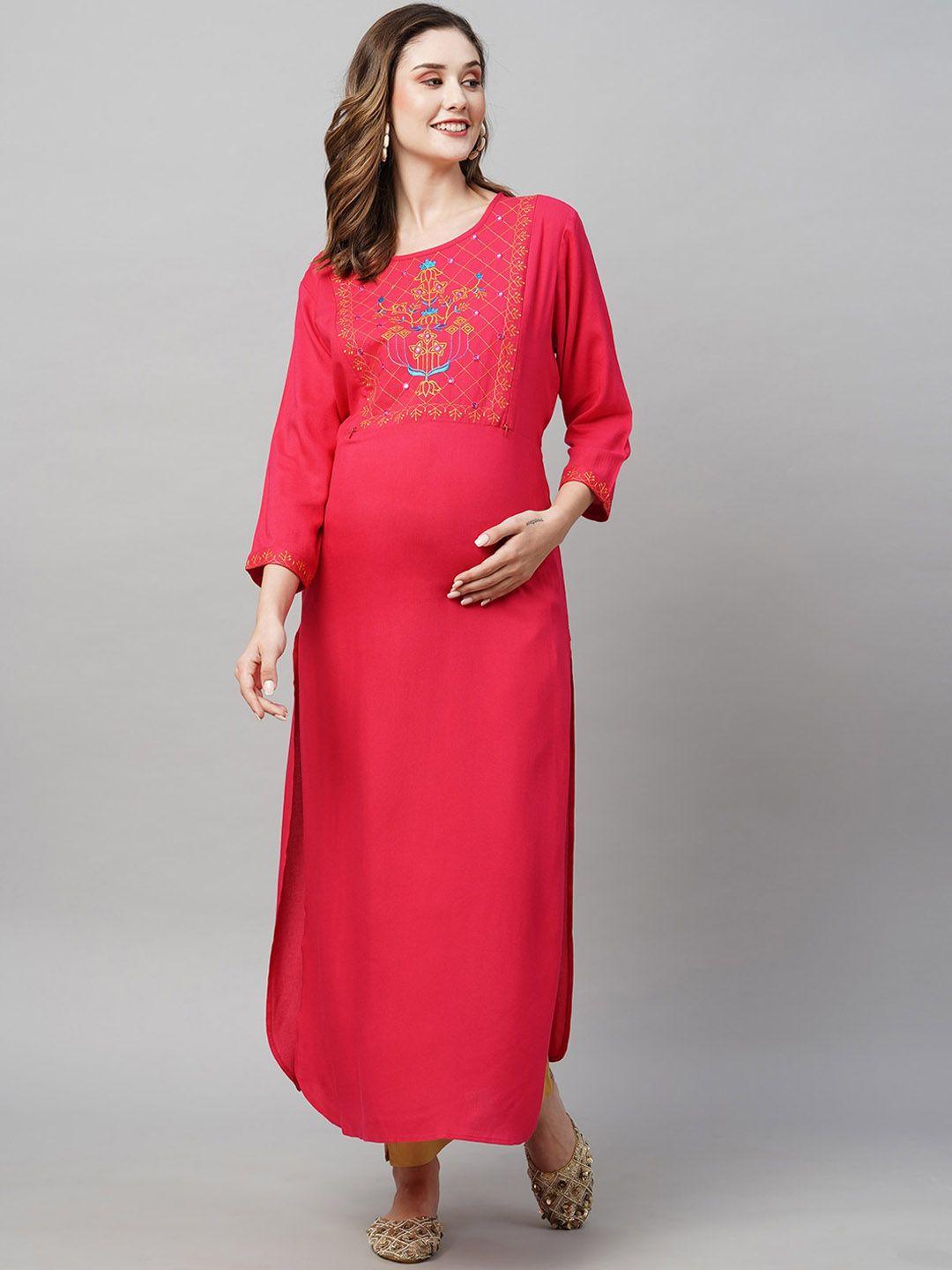 momtobe women pink embroidered flared sleeves sequinned maternity kurta