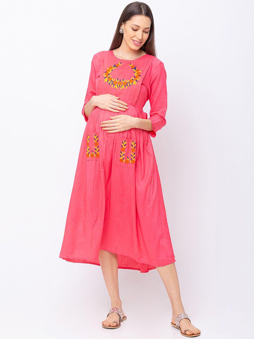 momtobe women pink embroidered maternity nursing fit and flare dress