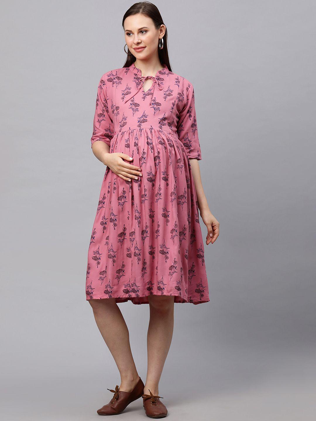 momtobe women pink printed a-line maternity nursing dress