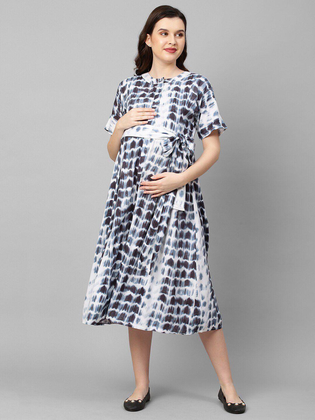 momtobe women white & black tie and dye maternity midi nursing dress