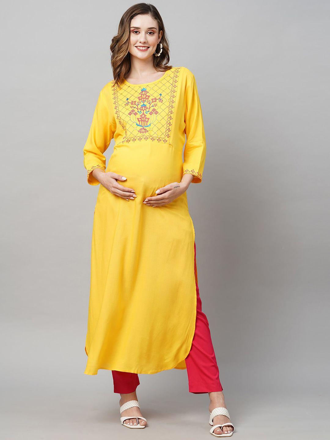 momtobe women yellow geometric yoke design flared sleeves thread work maternity kurta