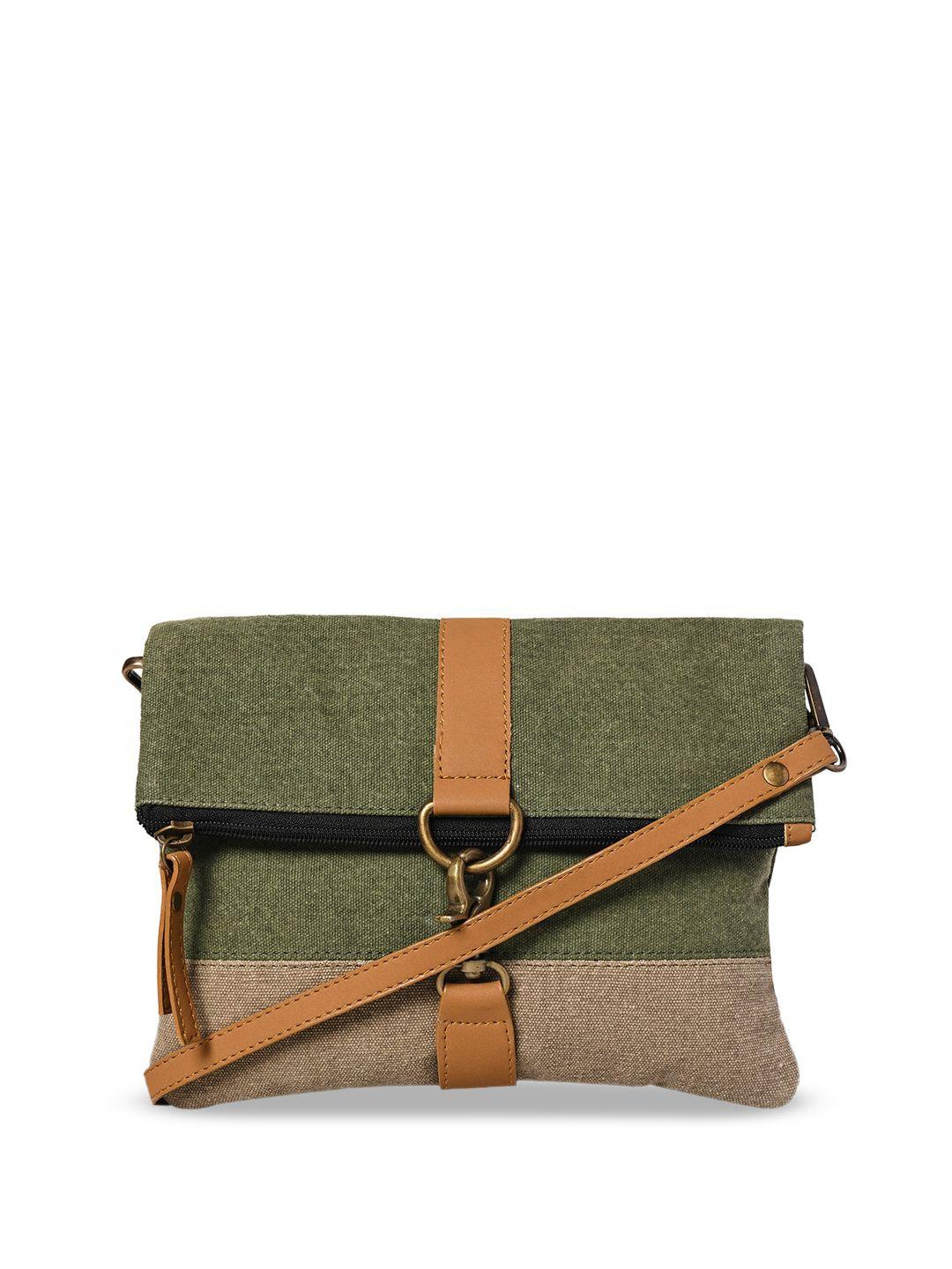 mona b green colourblocked structured sling bag with cut work