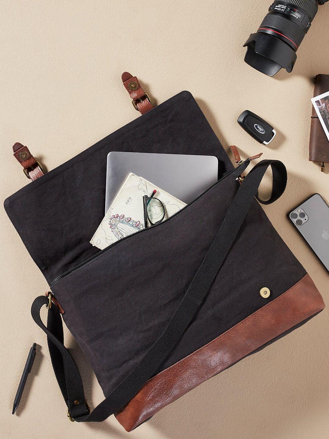 mona b unisex black & brown solid upcycled canvas laptop messenger bag