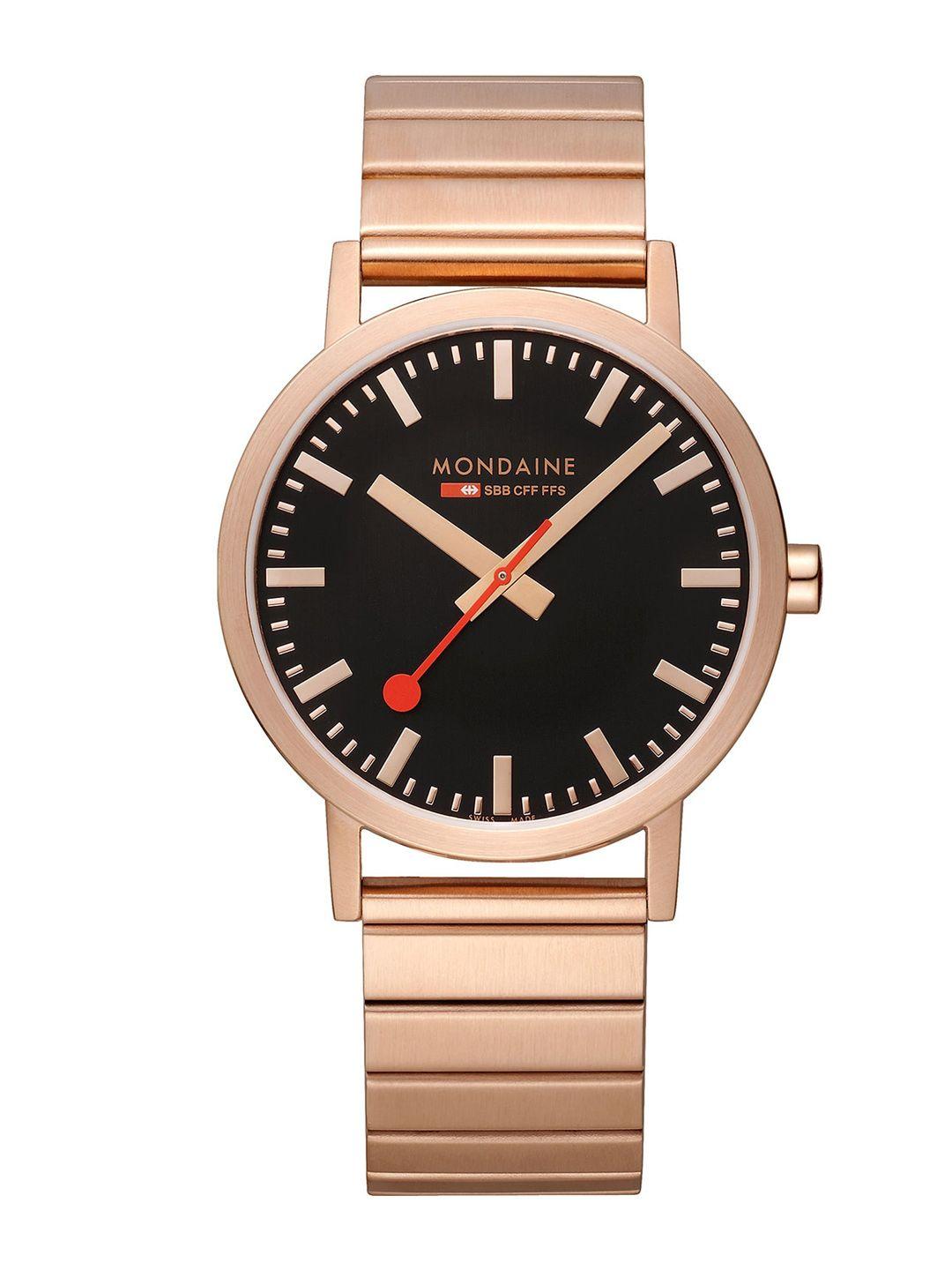 mondaine unisex black embellished dial & rose gold toned stainless steel bracelet style straps analogue watch