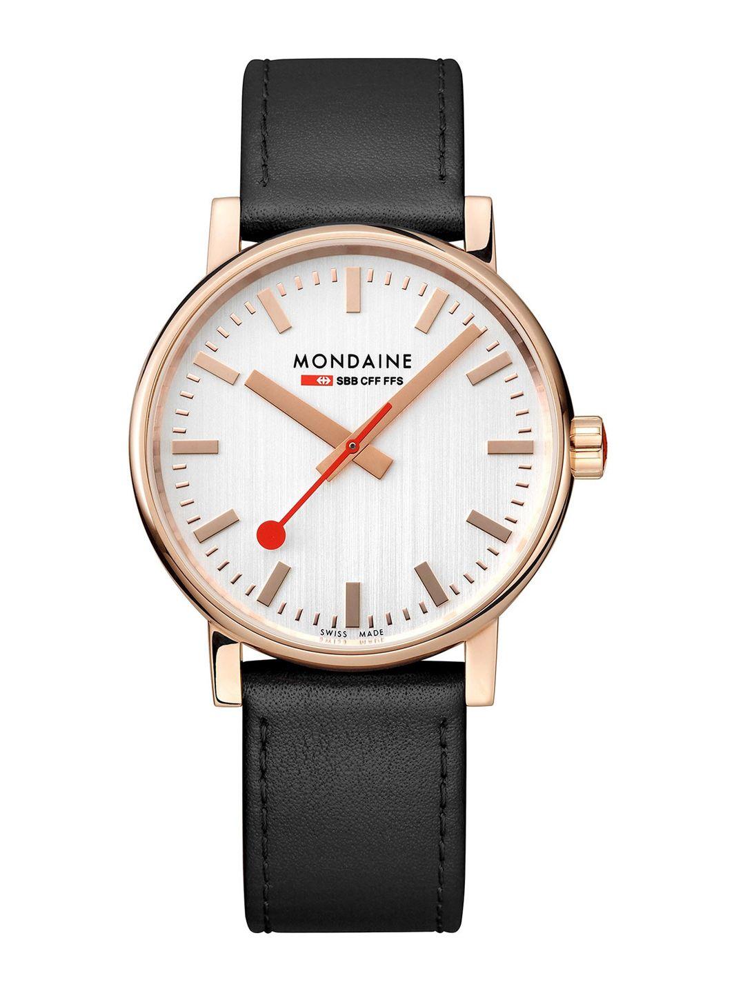 mondaine unisex black dial & black leather straps analogue watch mse.40122.lb