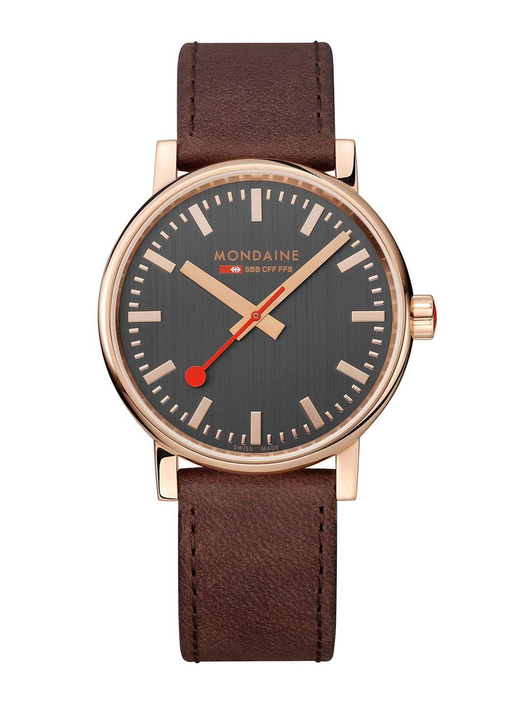 mondaine unisex grey embellished dial & brown leather straps analogue watch mse 40181 lg
