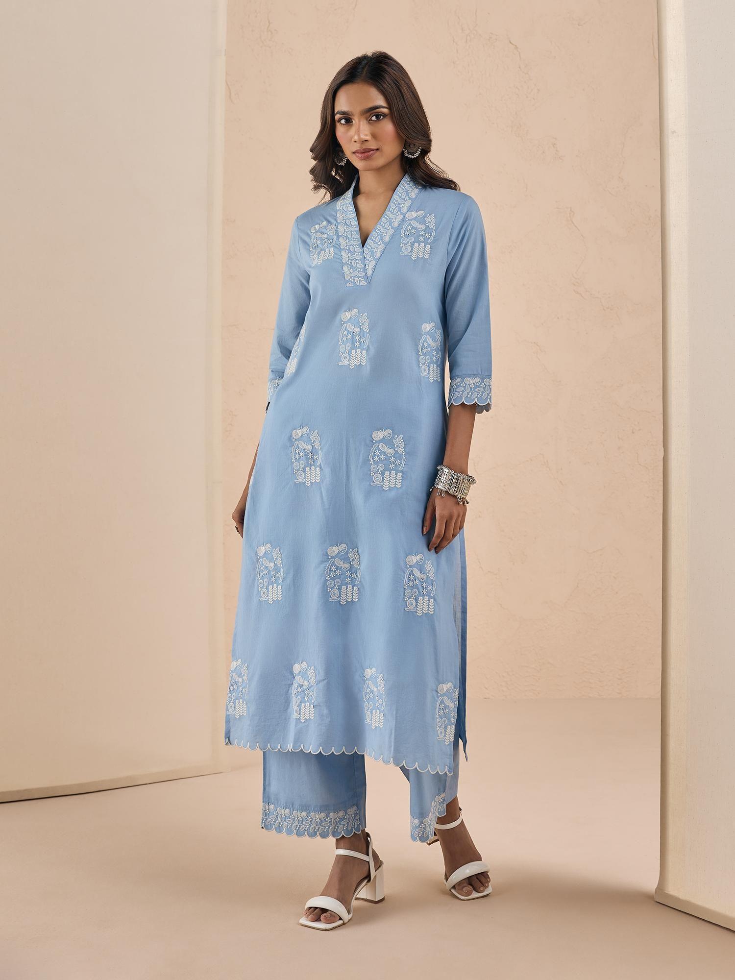 monday blooms blue kurta with all over embroidered buta pant likmbskd06 (set of 2)