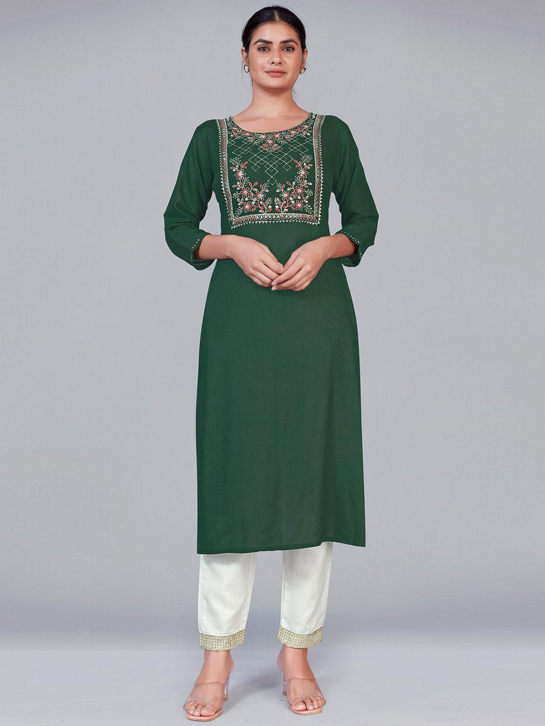monjolika fashion women green ethnic motifs yoke design sequinned kurta with trousers